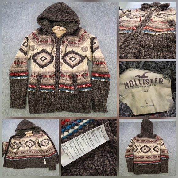 VTG Hollister Sweater Mens Large Brown Hooded Full Zip Aztec Knit Heavyweight